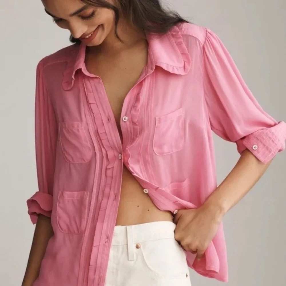 Maeve Danielle Kroll Pink Sheer Chiffon Ruffle Button Down Shirt XS Preppy
